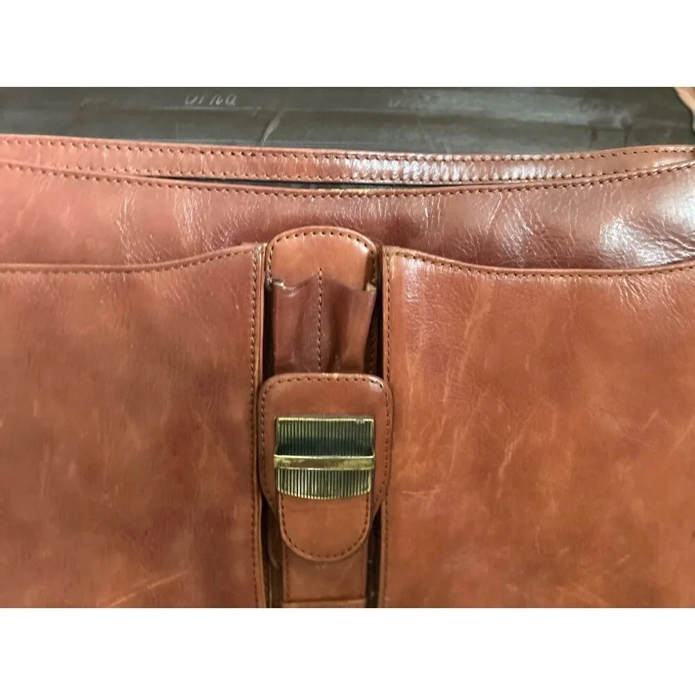Vintage Orna Brown Leather Briefcase With Detachable Strap & Brass Hardware